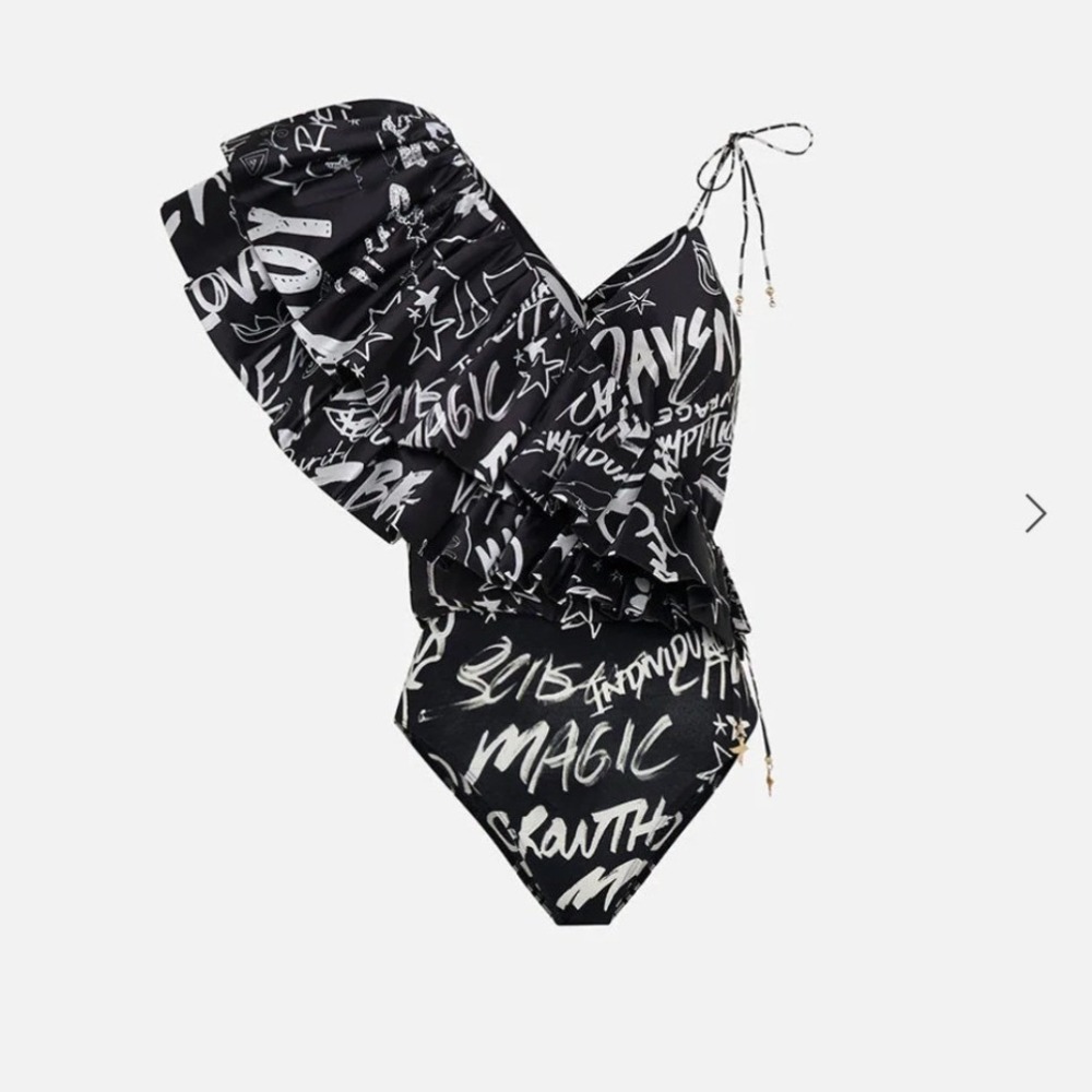 CAMILLA‎ Spirit Scribble Ruffle Shoulder Bodysuit Black Graffiti Print S NEW